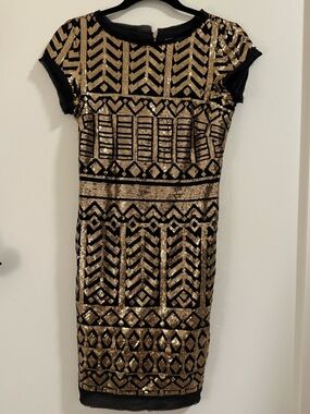 Eliza J Black and Gold Sequined Geometric Midi Dress